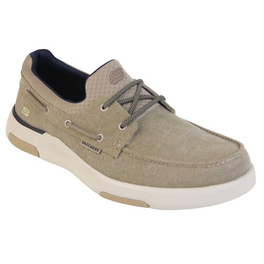 Mens deck shoes. Taupe woven textile upper with elasticated faux laces to the top and Skechers logo on the tongue and outer heel of the shoe. White synthetic sole with taupe detailing. Right foot at an angle.