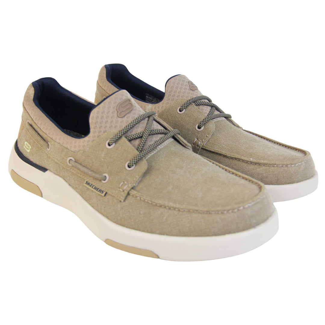 Mens deck shoes. Taupe woven textile upper with elasticated faux laces to the top and Skechers logo on the tongue and outer heel of the shoe. White synthetic sole with taupe detailing. Both feet together at an angle.