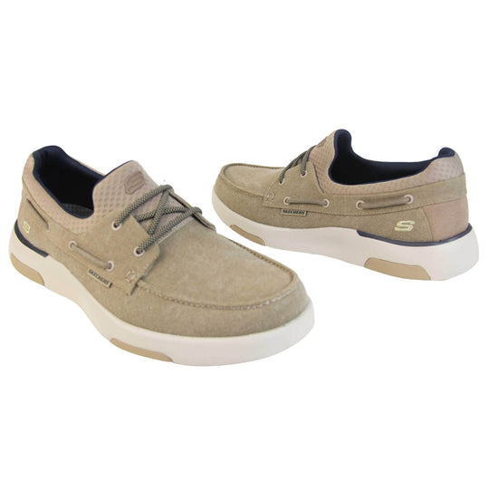 Mens deck shoes. Taupe woven textile upper with elasticated faux laces to the top and Skechers logo on the tongue and outer heel of the shoe. White synthetic sole with taupe detailing. Both feet at a slight angle facing top to tail.