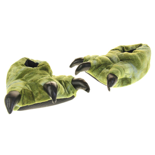 Mens dinosaur slippers. Cushioned slippers shaped like a dinosaur foot. Green textile outer with scale type pattern and black shiny padded claws. Inside is a textile lining. Black soft sole with bumps on for grip. Both feet in a V shape with toes at the front in a point.