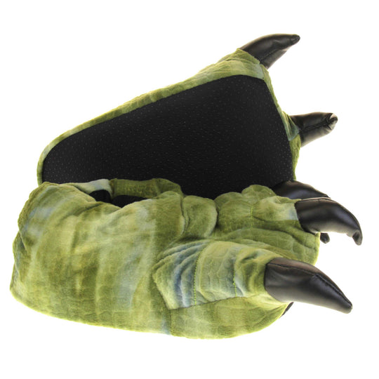 Mens dinosaur slippers. Cushioned slippers shaped like a dinosaur foot. Green textile outer with scale type pattern and black shiny padded claws. Inside is a textile lining. Black soft sole with bumps on for grip. Both feet from side profile with left foot on its side to show the sole.