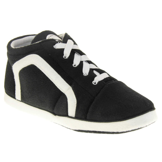 Mens black trainer slippers. Black soft fabric upper in hi-top trainer style. With white elasticated laces and white line logo to the side. White circle with Dunlop logo on the tongue with a white edge around the sole of the shoe. White textile lining. Black sole with bumps for grips. Right foot at an angle.