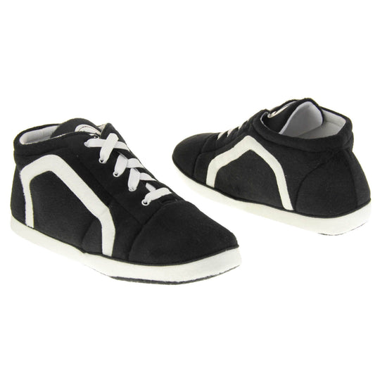 Mens black trainer slippers. Black soft fabric upper in hi-top trainer style. With white elasticated laces and white line logo to the side. White circle with Dunlop logo on the tongue with a white edge around the sole of the shoe. White textile lining. Black sole with bumps for grips. Both feet facing top to tail, at an angle.