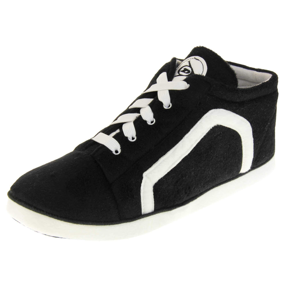 Mens black trainer slippers. Black soft fabric upper in hi-top trainer style. With white elasticated laces and white line logo to the side. White circle with Dunlop logo on the tongue with a white edge around the sole of the shoe. White textile lining. Black sole with bumps for grips. Left foot at an angle.
