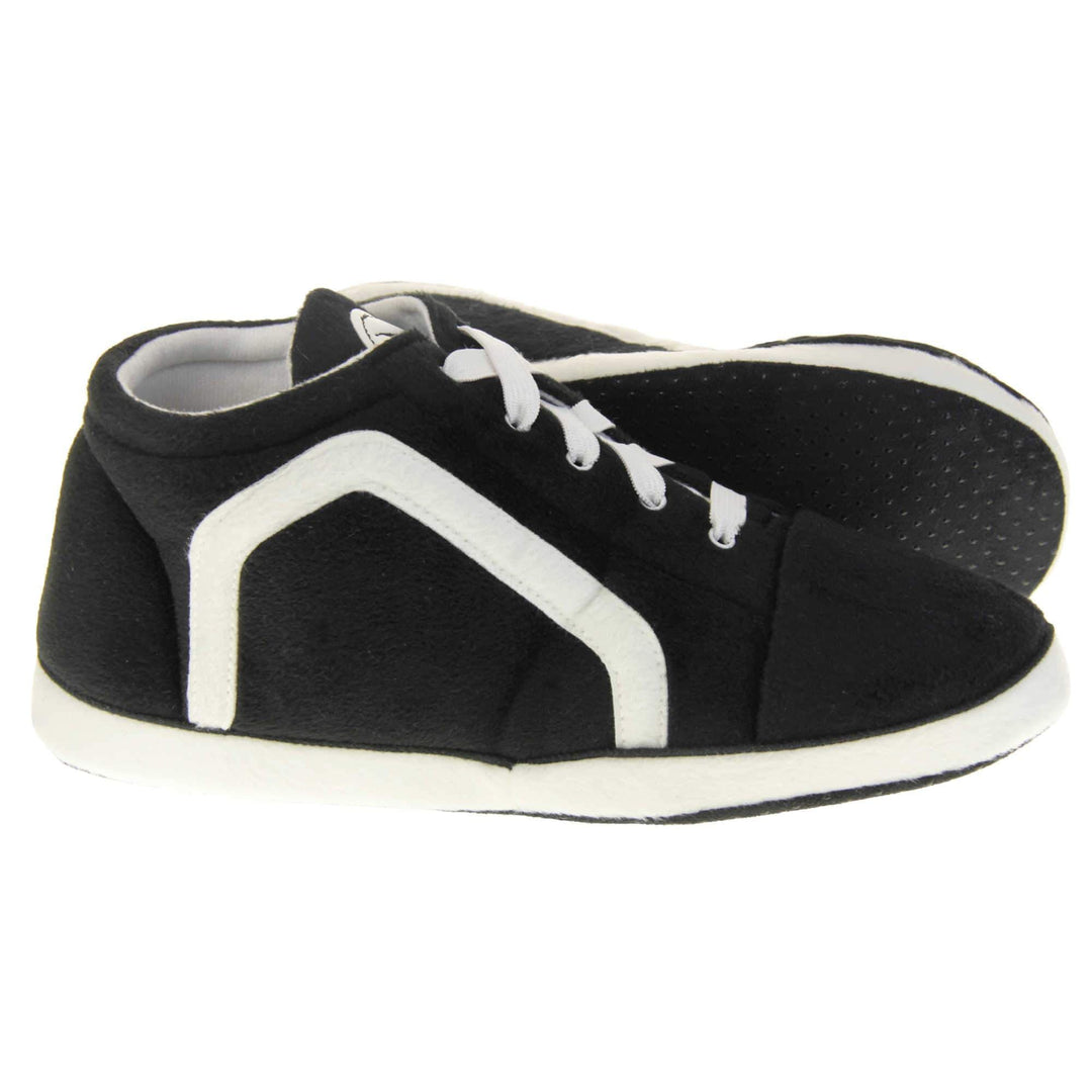 Mens black trainer slippers. Black soft fabric upper in hi-top trainer style. With white elasticated laces and white line logo to the side. White circle with Dunlop logo on the tongue with a white edge around the sole of the shoe. White textile lining. Black sole with bumps for grips. Both feet from side profile with left foot on its side to show the sole.