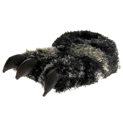 Mens fluffy slippers. Cushioned slippers shaped like a monster's foot with claws . Black and grey faux fur outer and black shiny padded claws. Inside is a textile lining. Black soft sole with bumps on for grip. Left foot at an angle.