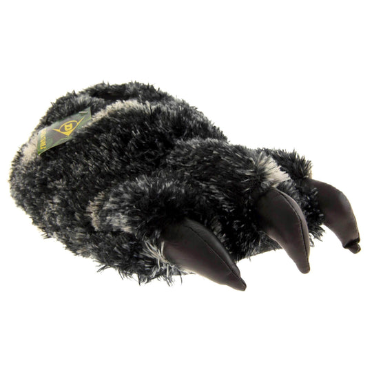 Mens fluffy slippers. Cushioned slippers shaped like a monster's foot with claws . Black and grey faux fur outer and black shiny padded claws. Inside is a textile lining. Black soft sole with bumps on for grip. Right foot at an angle.