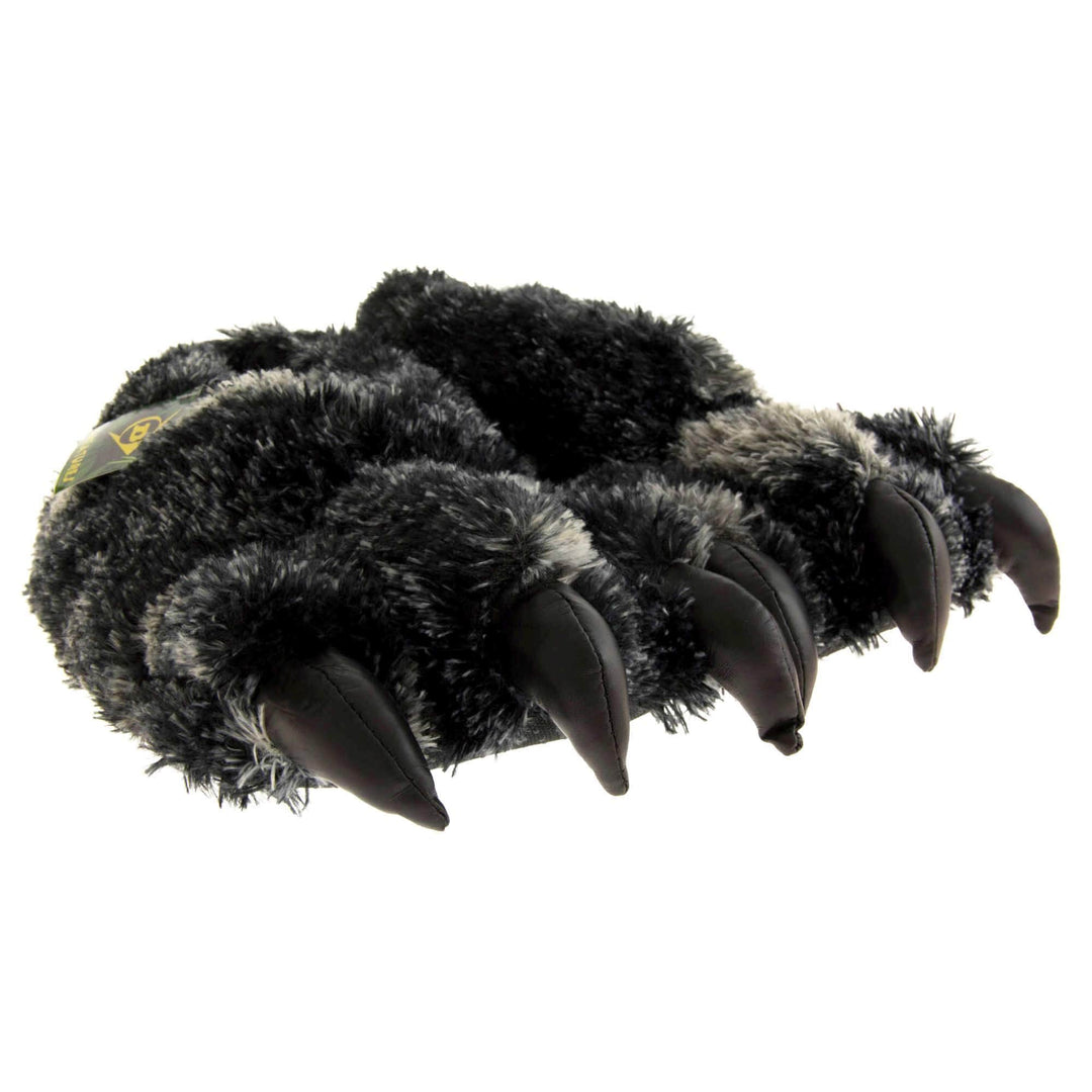 Mens fluffy slippers. Cushioned slippers shaped like a monster's foot with claws . Black and grey faux fur outer and black shiny padded claws. Inside is a textile lining. Black soft sole with bumps on for grip. Both feet together from a slight angle.