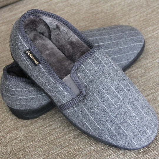 Men's Grey Striped Faux Fur Lined Slippers