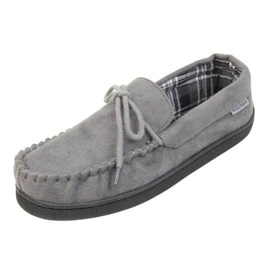 Mens grey moccasin slippers. Moccasin style slipper with grey faux suede upper and rope style bow to the top. Grey Rosebank label to the outside. Dark and light grey and white plaid textile lining. Black rubber sole. Left foot at an angle.