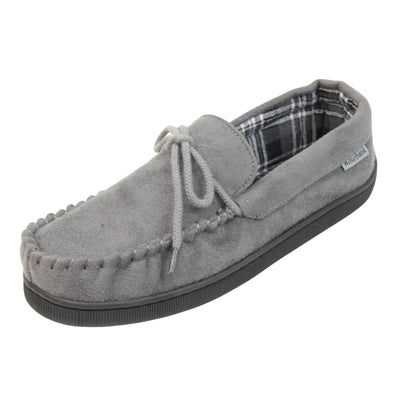 Mens grey moccasin slippers. Moccasin style slipper with grey faux suede upper and rope style bow to the top. Grey Rosebank label to the outside. Dark and light grey and white plaid textile lining. Black rubber sole. Left foot at an angle.