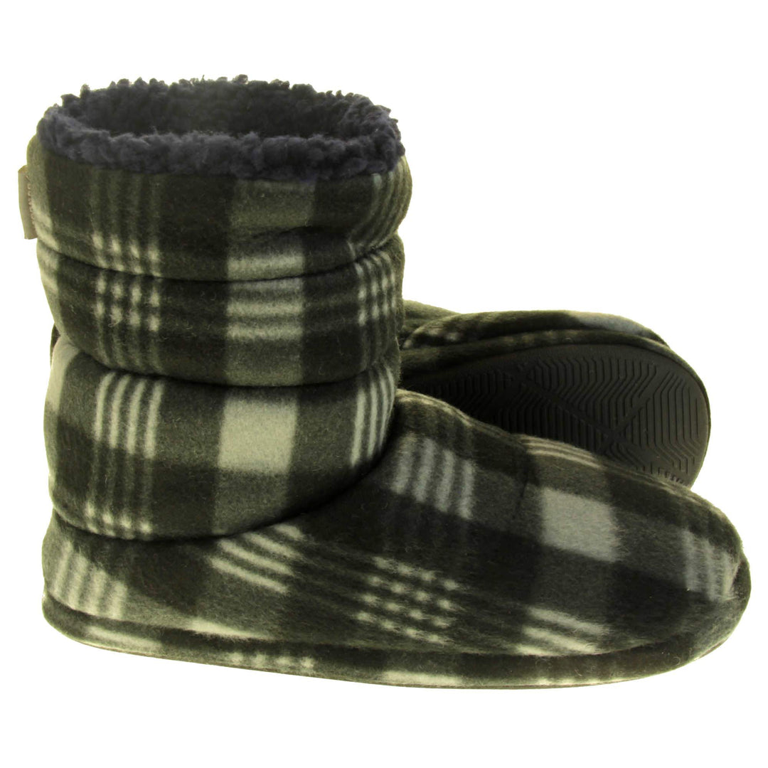 Mens grey slippers boots. Slipper boots with a soft grey fabric upper with black check. With a firm black synthetic sole with grip to the base. Black faux fur lining. Both feet from side profile with left foot on its side to show the sole.