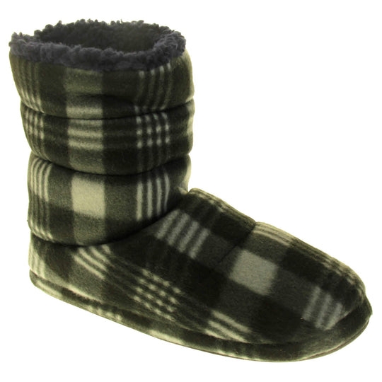 Mens grey slippers boots. Slipper boots with a soft grey fabric upper with black check. With a firm black synthetic sole with grip to the base. Black faux fur lining. Right foot at an angle.
