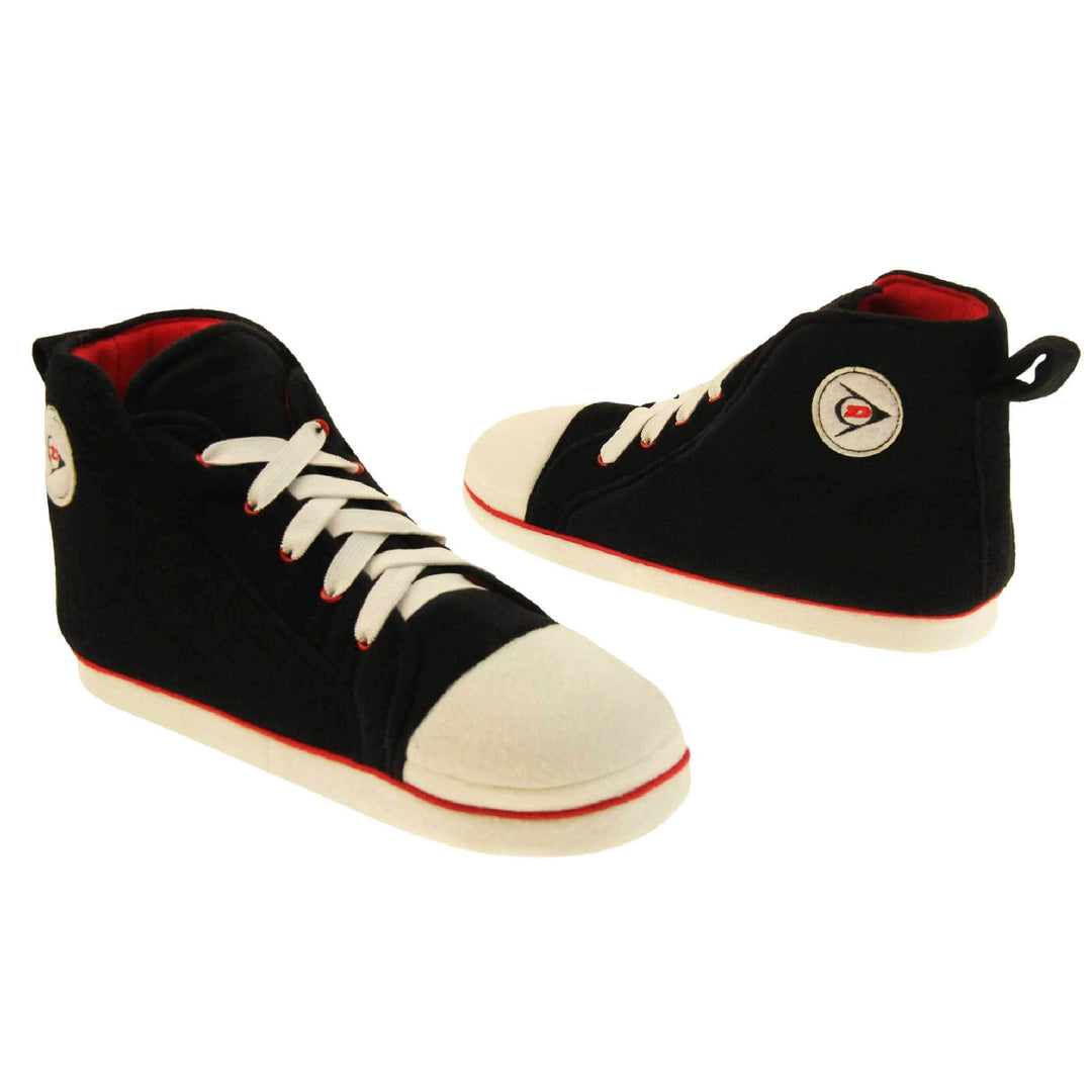 Mens high top slippers. Black soft fabric upper in high-top sneaker style. With white elasticated laces and white circle with Dunlop logo to the side. White edge around the sole of the shoe. Red textile lining. Black sole with bumps for grips. Both feet facing top to tail at an angle.