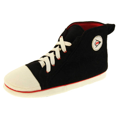 Mens high top slippers. Black soft fabric upper in high-top sneaker style. With white elasticated laces and white circle with Dunlop logo to the side. White edge around the sole of the shoe. Red textile lining. Black sole with bumps for grips. Left foot at an angle.