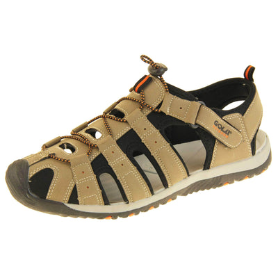 Mens hiking sandals. Traditional style sandal with brown and black fabric strappy upper. Black rubber toe caps and black synthetic sole with orange grips to the bottom. Elasticated laces to the front of the shoe and touch fasten strap by the ankle. Left foot at an angle.