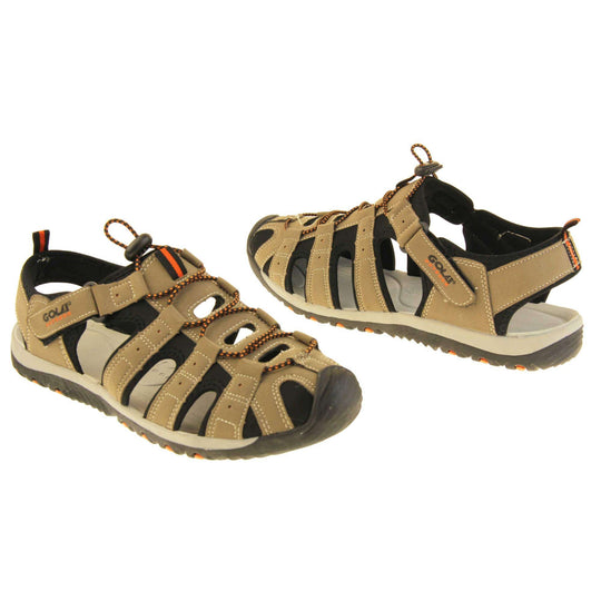 Mens hiking sandals. Traditional style sandal with brown and black fabric strappy upper. Black rubber toe caps and black synthetic sole with orange grips to the bottom. Elasticated laces to the front of the shoe and touch fasten strap by the ankle. Both feet about an inch apart at an angle facing top to tail.