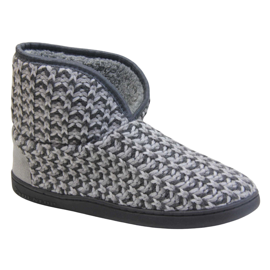 Mens knit slipper boots. Slipper boots with a grey knit upper. Dark grey fabric piping around the collar. Grey textile patch over the heel to reinforce. Thick black synthetic sole with Dunlop branding on. Grey faux fur lining. Right foot at an angle.