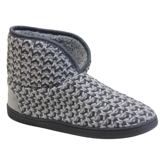 Mens knit slipper boots. Slipper boots with a grey knit upper. Dark grey fabric piping around the collar. Grey textile patch over the heel to reinforce. Thick black synthetic sole with Dunlop branding on. Grey faux fur lining. Right foot at an angle.