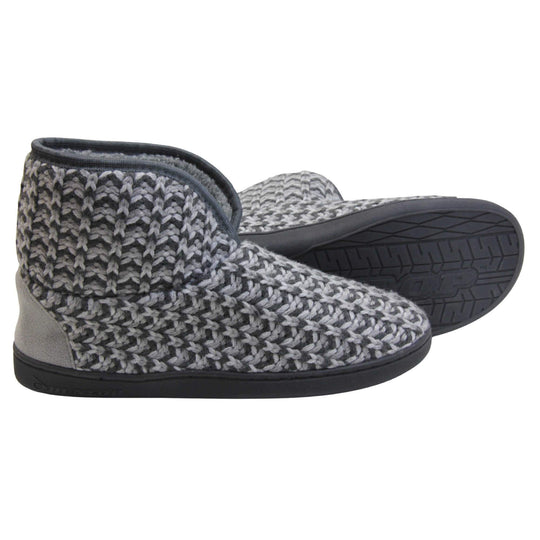 Mens knit slipper boots. Slipper boots with a grey knit upper. Dark grey fabric piping around the collar. Grey textile patch over the heel to reinforce. Thick black synthetic sole with Dunlop branding on. Grey faux fur lining. Both slippers from side profile with left foot on its side behind the right to show the sole.