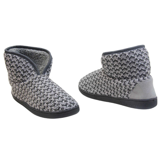 Mens knit slipper boots. Slipper boots with a grey knit upper. Dark grey fabric piping around the collar. Grey textile patch over the heel to reinforce. Thick black synthetic sole with Dunlop branding on. Grey faux fur lining. Both slippers slightly at an angle facing top to tail.