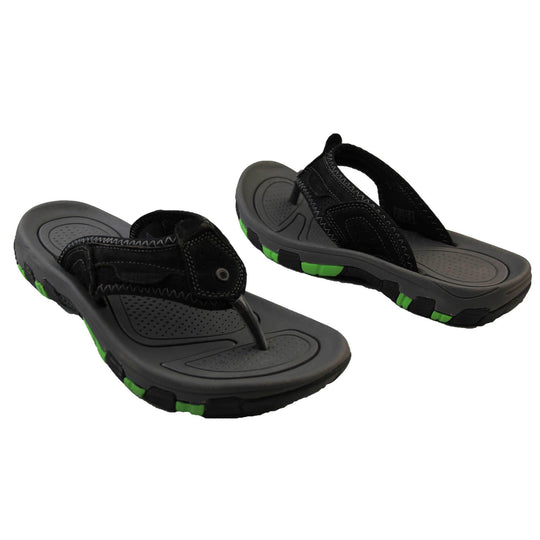 Mens leather flip flops. Black suede leather upper with white stitching detail. Black synthetic sole with green grip to the base. Both feet about an inch apart at an angle facing top to tail.