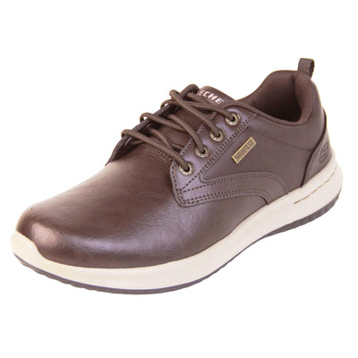 Mens leather skechers. Brown leather upper in trainer style shoe with brown stitching detail. Brown laces with gold eyelets for laces. White Skechers branding on tongue. Small gold rectangle tag to the side saying waterproof. Small S logo to the side of the heel. White outsole with black base. Brown textile lining. Left foot at an angle.