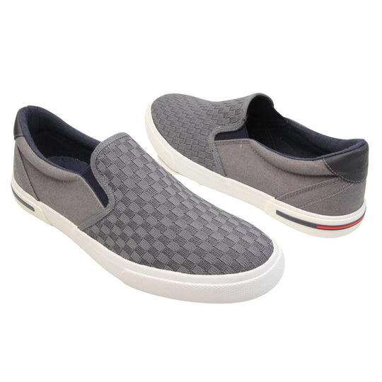 Mens lightweight trainers. Grey loafer style trainers with the upper made up of woven mesh for the front half and denim effect textile for the back. With a black faux-leather half circle to the heel with Oakenwood logo on. Black elasticated side gussets and black textile lining. Thick white sole. Both feet at an angle facing top to tail.