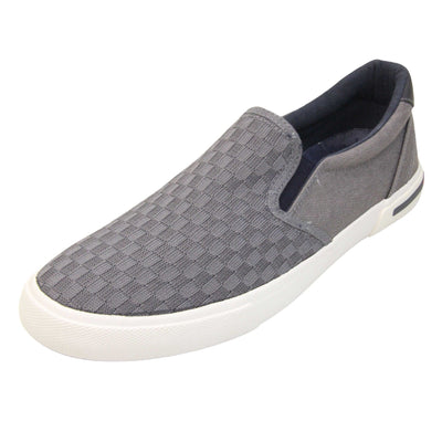 Mens lightweight trainers. Grey loafer style trainers with the upper made up of woven mesh for the front half and denim effect textile for the back. With a black faux-leather half circle to the heel with Oakenwood logo on. Black elasticated side gussets and black textile lining. Thick white sole. Left foot at an angle.