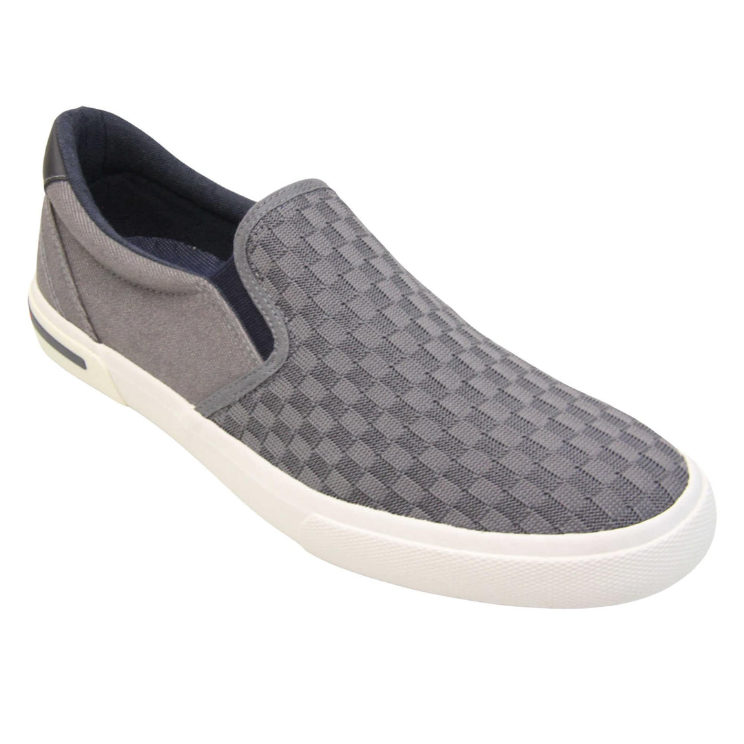 Mens lightweight trainers. Grey loafer style trainers with the upper made up of woven mesh for the front half and denim effect textile for the back. With a black faux-leather half circle to the heel with Oakenwood logo on. Black elasticated side gussets and black textile lining. Thick white sole. Right foot at an angle.