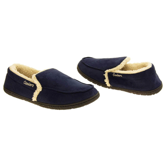 Mens lined slippers. Full back slippers with navy blue faux suede upper with cream synthetic fur detail. Cream Coolers branding on the outside. Cream faux fur lining. Black sole with grip.  Both feet facing top to tail, at an angle.