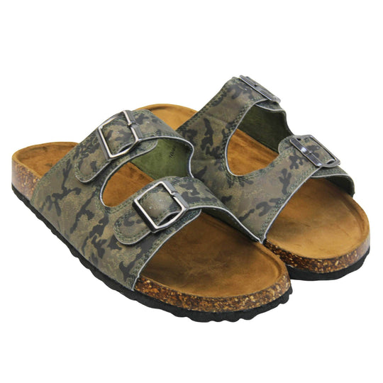 Mens memory foam sandals. Double strap camouflage print faux leather upper with silver buckles. Brown faux suede insole with Dunlop branding. Cork style outsole with black base.  Both feet together at a slight angle.