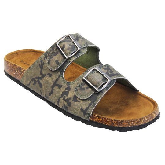 Mens memory foam sandals. Double strap camouflage print faux leather upper with silver buckles. Brown faux suede insole with Dunlop branding. Cork style outsole with black base. Right foot at an angle.
