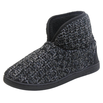 Mens memory foam slipper boots. Slipper boots with a black knit upper. Black fabric piping around the collar. Black textile patch over the heel to reinforce. Thick black synthetic sole with Dunlop branding on. Black faux fur lining. Left foot at an angle.