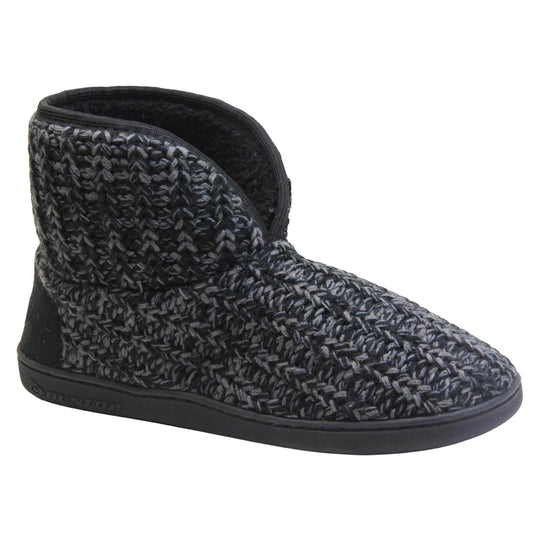 Mens memory foam slipper boots. Slipper boots with a black knit upper. Black fabric piping around the collar. Black textile patch over the heel to reinforce. Thick black synthetic sole with Dunlop branding on. Black faux fur lining. Right foot at an angle.