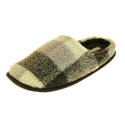 Mens memory foam slippers. Mens slippers in a mule style. With grey, white and black soft fabric upper. Black fleecy lining. Black hard synthetic soles with grip to the base. Left foot at an angle.