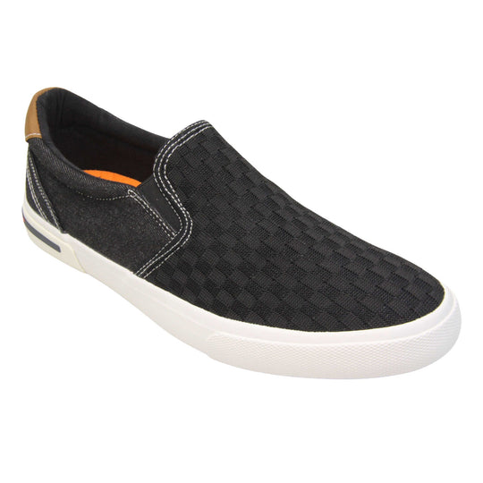 Mens mesh trainers. Black loafer style trainers with the upper made up of woven mesh for the front half and denim effect textile for the back. With a brown faux-leather half circle to the heel with Oakenwood logo on. Black elasticated side gussets and black textile lining with bright orange insole. Thick white sole. Right foot at an angle.