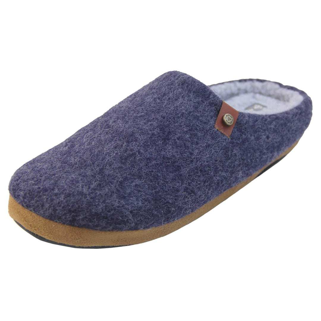 Mens mule slippers. Mule style slippers with a navy blue felt upper with brown rim around the base and a brown faux leather strap with stud detail along the collar of the slipper. Grey Wool effect faux fur lining with a grey Dunlop label on the middle of the insole. Firm black sole with wavy lines for grip. Left foot at an angle.