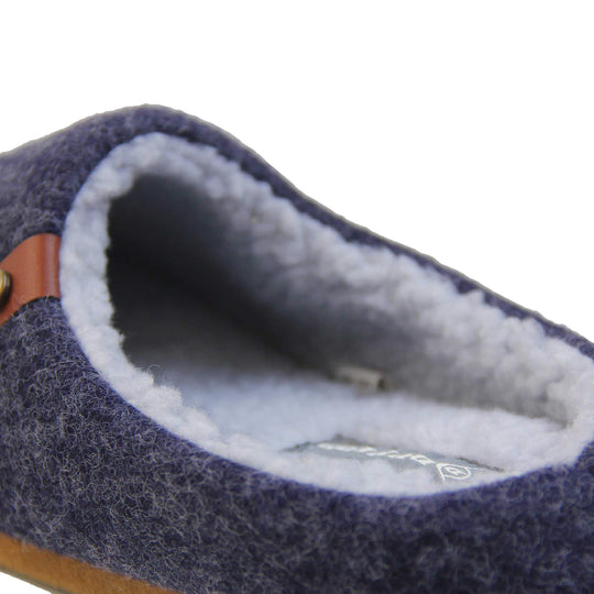 Mens mule slippers. Mule style slippers with a navy blue felt upper with brown rim around the base and a brown faux leather strap with stud detail along the collar of the slipper. Grey Wool effect faux fur lining with a grey Dunlop label on the middle of the insole. Firm black sole with wavy lines for grip. Close up of the back to show the inside and lining of the slipper.