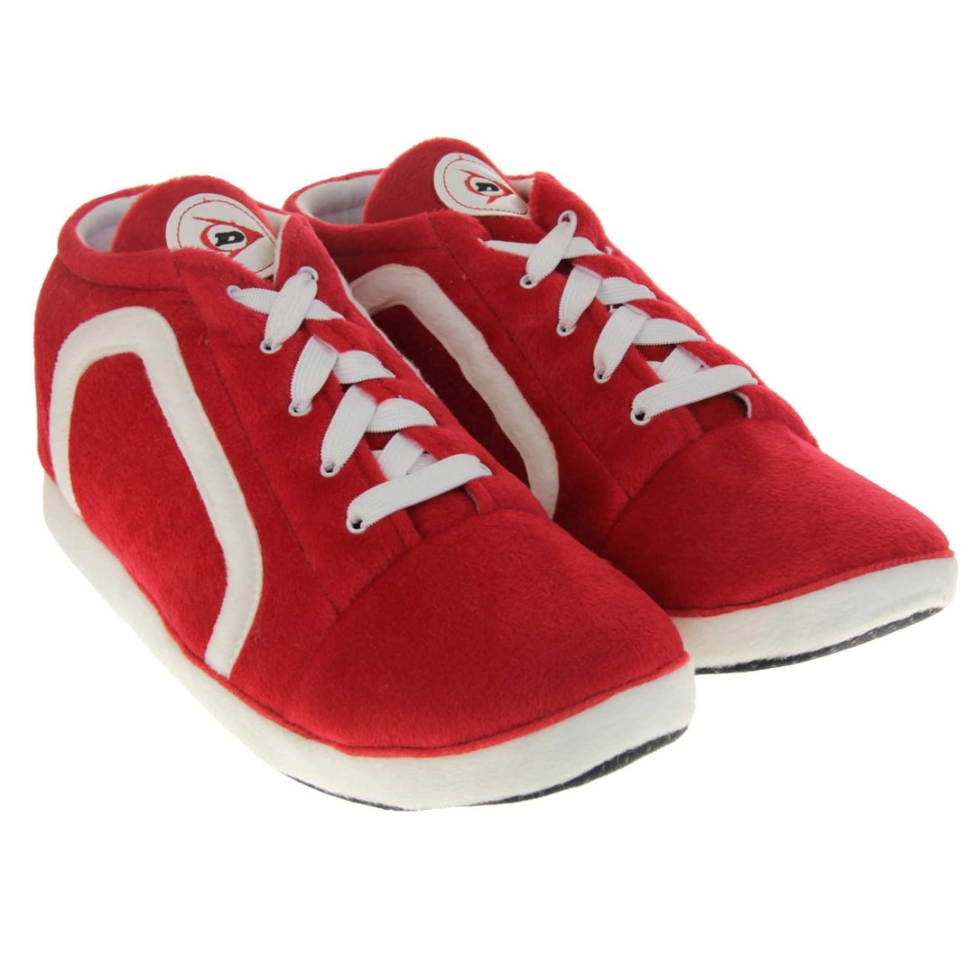 Mens novelty high tops. Red soft fabric upper in hi-top trainer style. With white elasticated laces and white line logo to the side. White circle with Dunlop logo on the tongue with a white edge around the sole of the shoe. White textile lining. Black sole with bumps for grips. Both feet together at an angle.