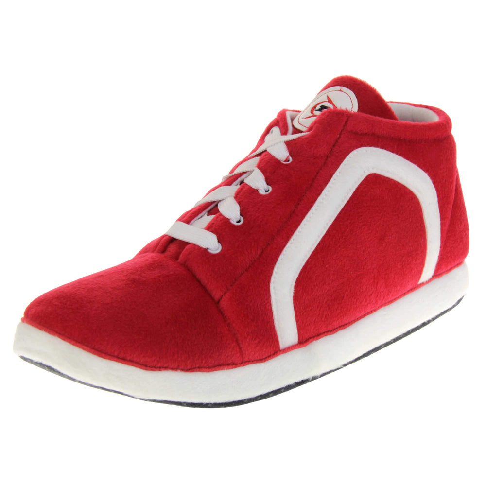 Mens novelty high tops. Red soft fabric upper in hi-top trainer style. With white elasticated laces and white line logo to the side. White circle with Dunlop logo on the tongue with a white edge around the sole of the shoe. White textile lining. Black sole with bumps for grips. Left foot at an angle.