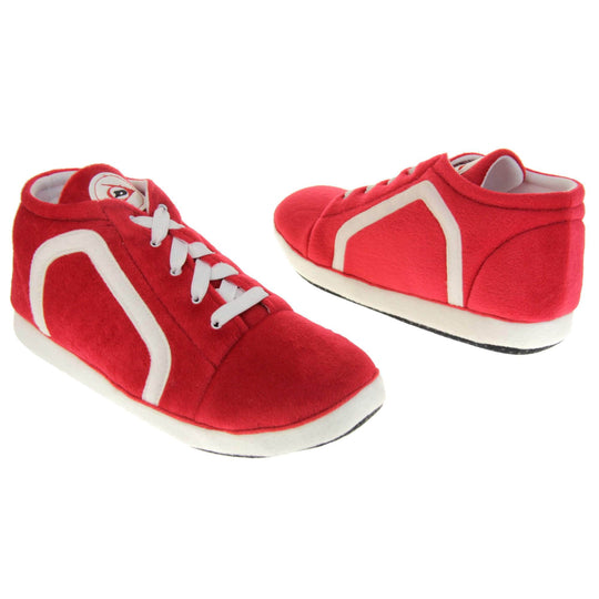 Mens novelty high tops. Red soft fabric upper in hi-top trainer style. With white elasticated laces and white line logo to the side. White circle with Dunlop logo on the tongue with a white edge around the sole of the shoe. White textile lining. Black sole with bumps for grips. Both feet facing top to tail, at an angle.