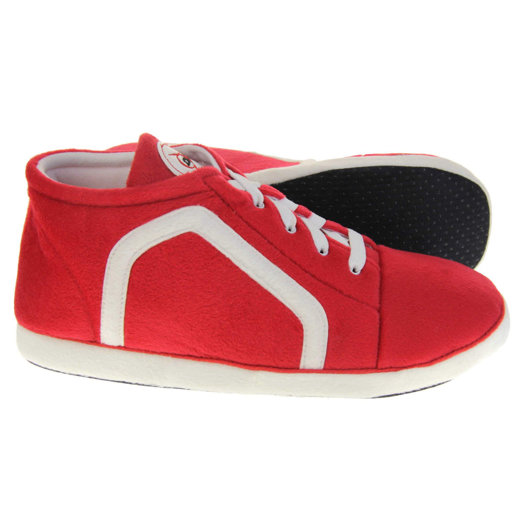 Mens novelty high tops. Red soft fabric upper in hi-top trainer style. With white elasticated laces and white line logo to the side. White circle with Dunlop logo on the tongue with a white edge around the sole of the shoe. White textile lining. Black sole with bumps for grips. Both feet from side profile with left foot on its side to show the sole.