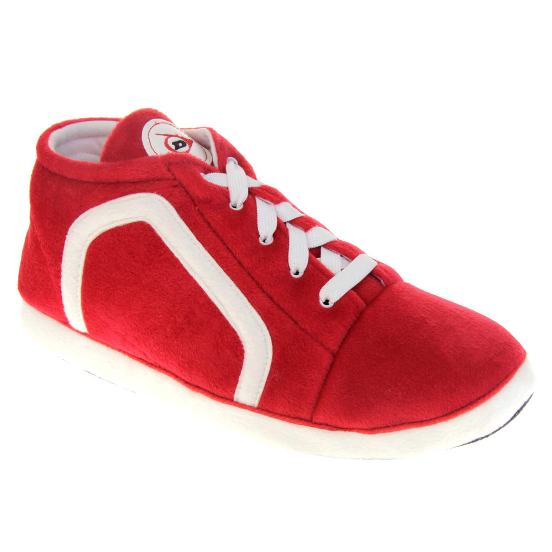 Mens novelty high tops. Red soft fabric upper in hi-top trainer style. With white elasticated laces and white line logo to the side. White circle with Dunlop logo on the tongue with a white edge around the sole of the shoe. White textile lining. Black sole with bumps for grips. Right foot at an angle.