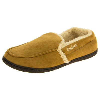 Mens plush slippers. Full back slippers with tan faux suede upper with cream synthetic fur detail. Cream Coolers branding on the outside. Cream faux fur lining. Black sole with grip. Left foot at an angle.
