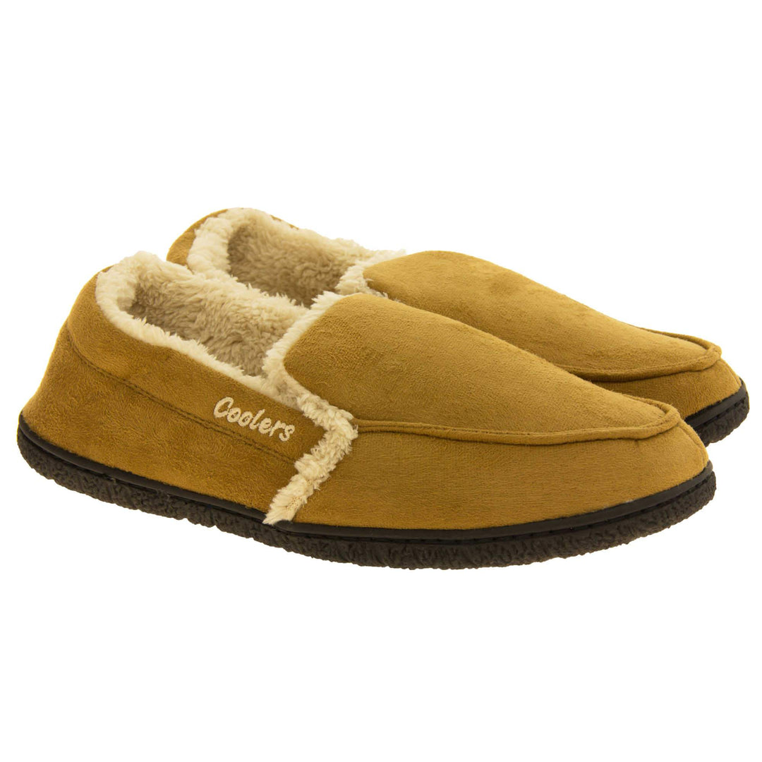 Mens plush slippers. Full back slippers with tan faux suede upper with cream synthetic fur detail. Cream Coolers branding on the outside. Cream faux fur lining. Black sole with grip. Both feet together at an angle.