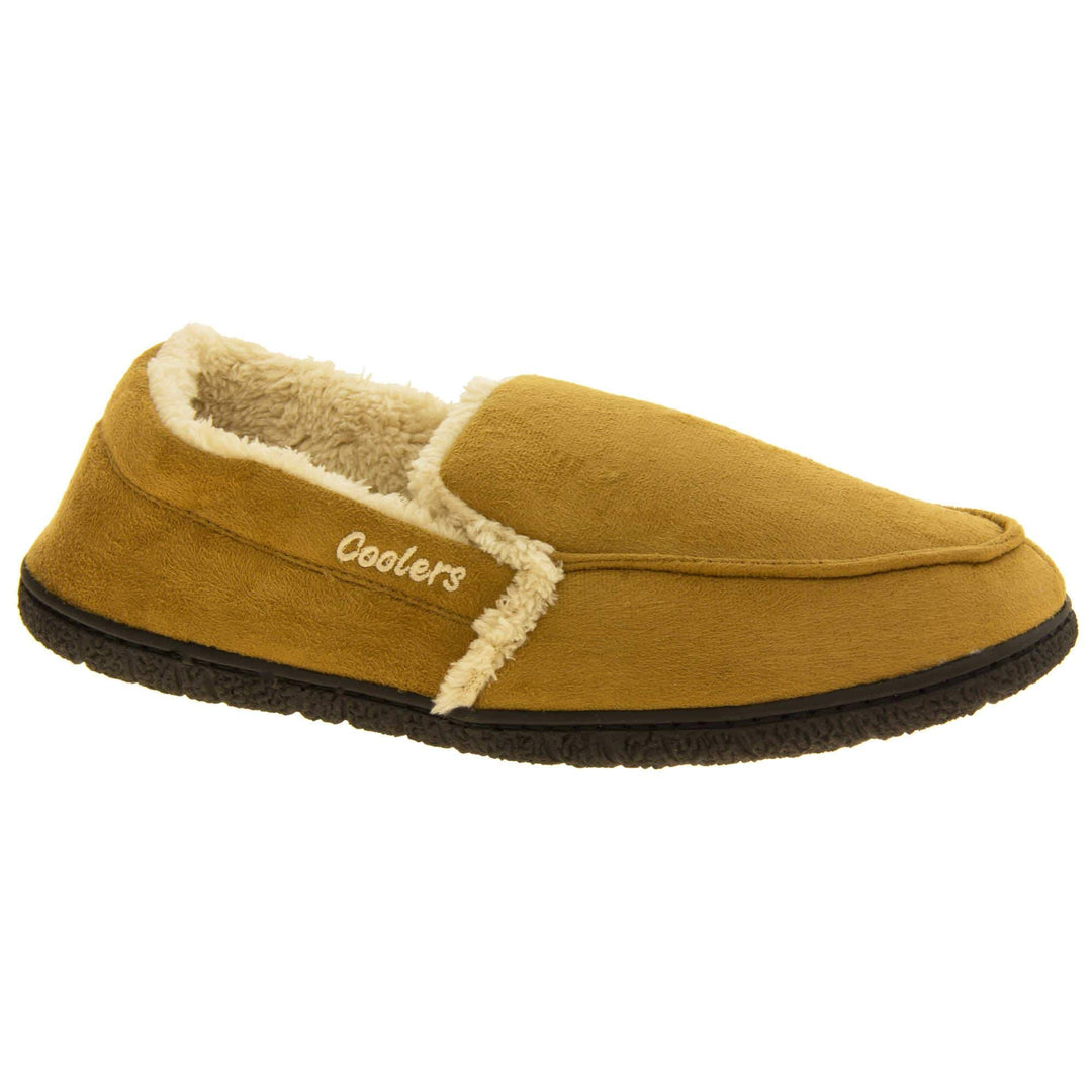 Mens plush slippers. Full back slippers with tan faux suede upper with cream synthetic fur detail. Cream Coolers branding on the outside. Cream faux fur lining. Black sole with grip. Right foot at an angle.