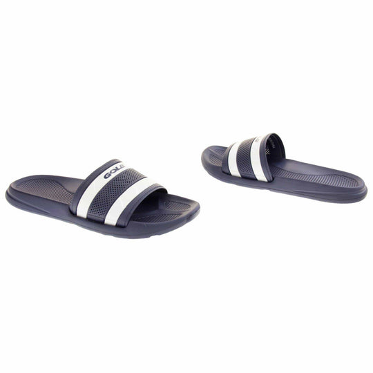 Mens pool shoes. Single strap slip on flip flop sandals. Firm navy blue synthetic sole with bumpy grip to the foot bed. Thick strap over the top of foot. Two white lines sandwiched between navy lines. Gola written in bold blue text across the top white line.  Both feet at an angle facing top to tail.