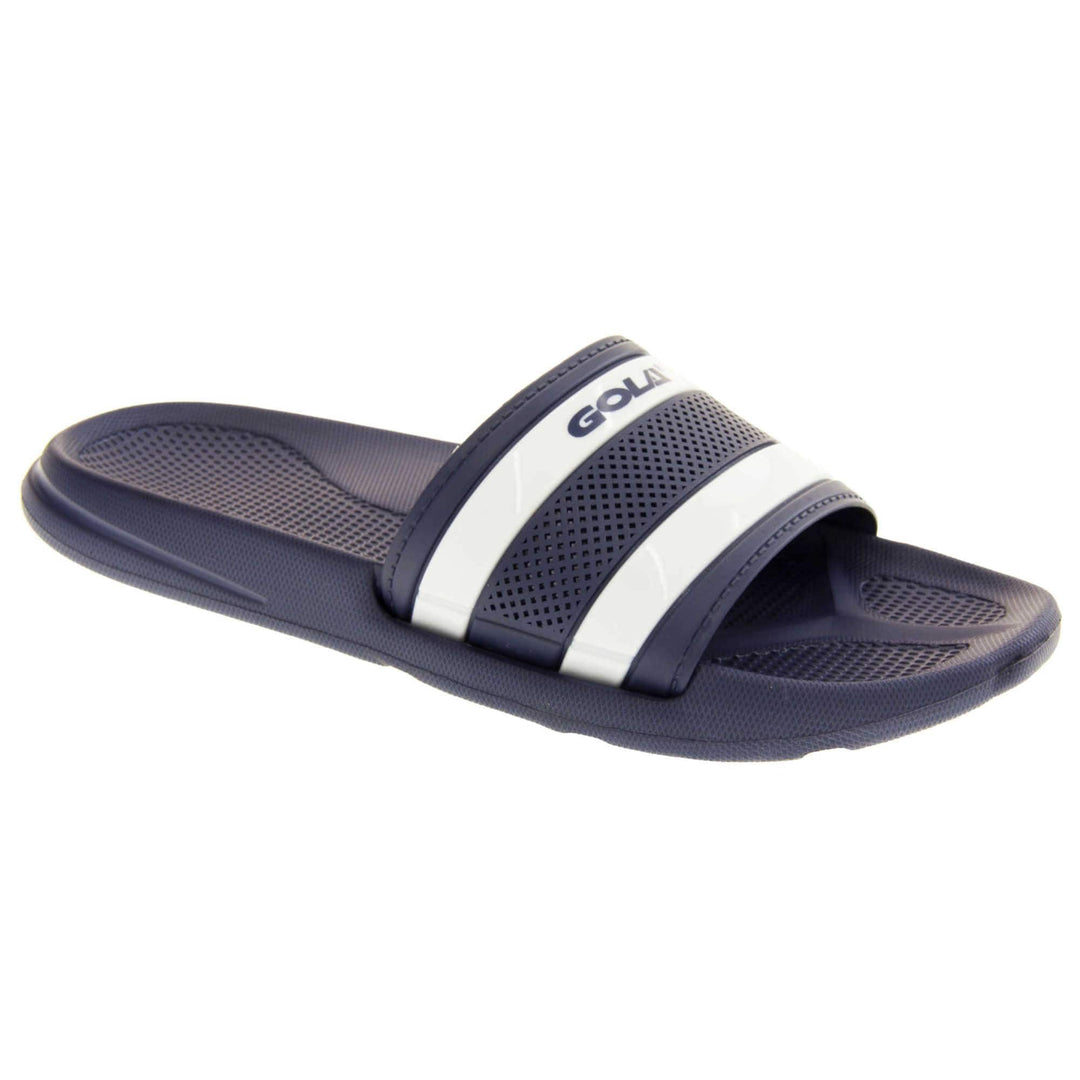 Mens pool shoes. Single strap slip on flip flop sandals. Firm navy blue synthetic sole with bumpy grip to the foot bed. Thick strap over the top of foot. Two white lines sandwiched between navy lines. Gola written in bold blue text across the top white line. Right foot at an angle.