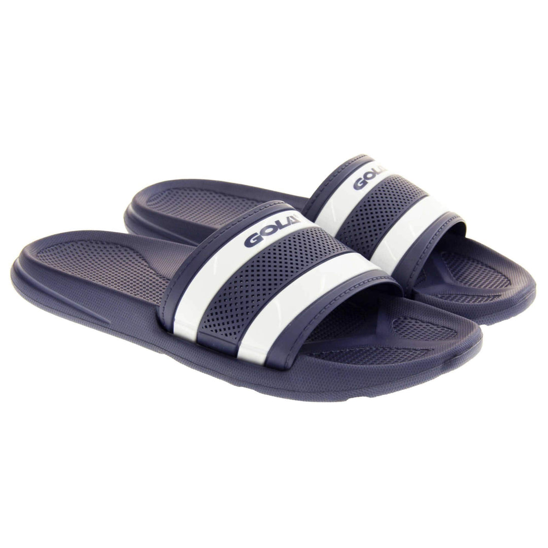 Mens pool shoes. Single strap slip on flip flop sandals. Firm navy blue synthetic sole with bumpy grip to the foot bed. Thick strap over the top of foot. Two white lines sandwiched between navy lines. Gola written in bold blue text across the top white line. Both feet together at a slight angle.